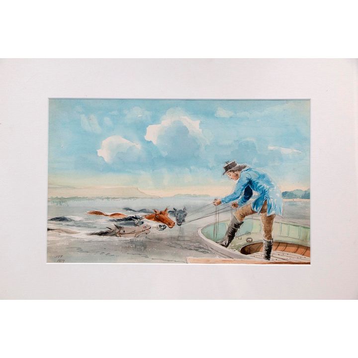 THOMSON, JOHN TURNBULL, Untitled - John Turnbull Thomson in a boat on the Oreti Estuary pulling four horses along in the sea.