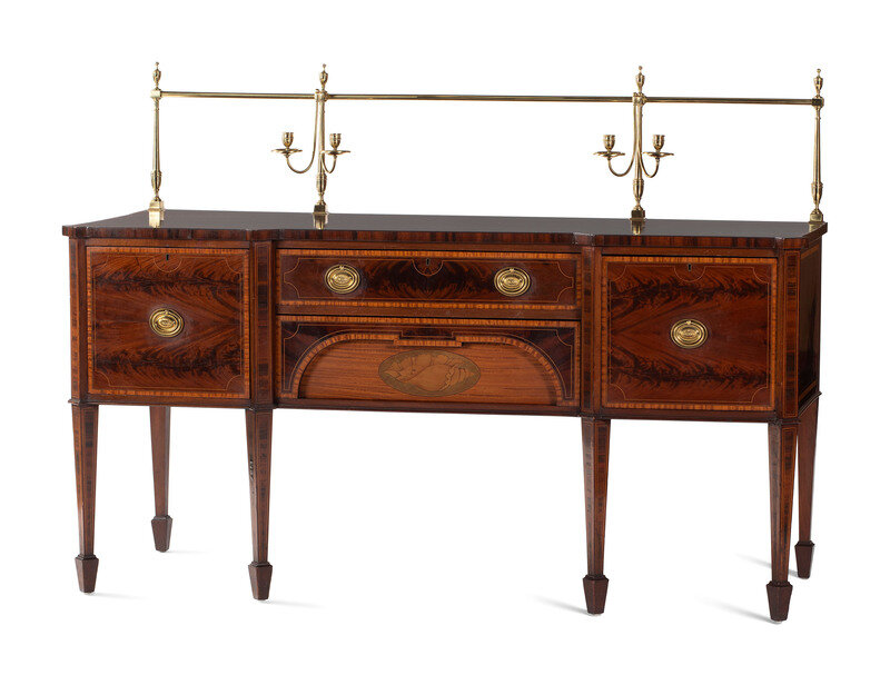 A George III Style Brass Mounted Mahogany and Marquetry Sideboard