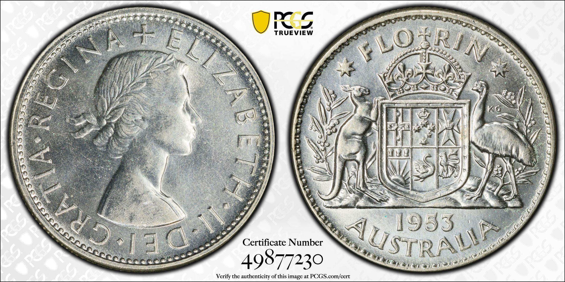 Elizabeth II, Small Reverse Denticles , Florin, 1953(m), PCGS AU58