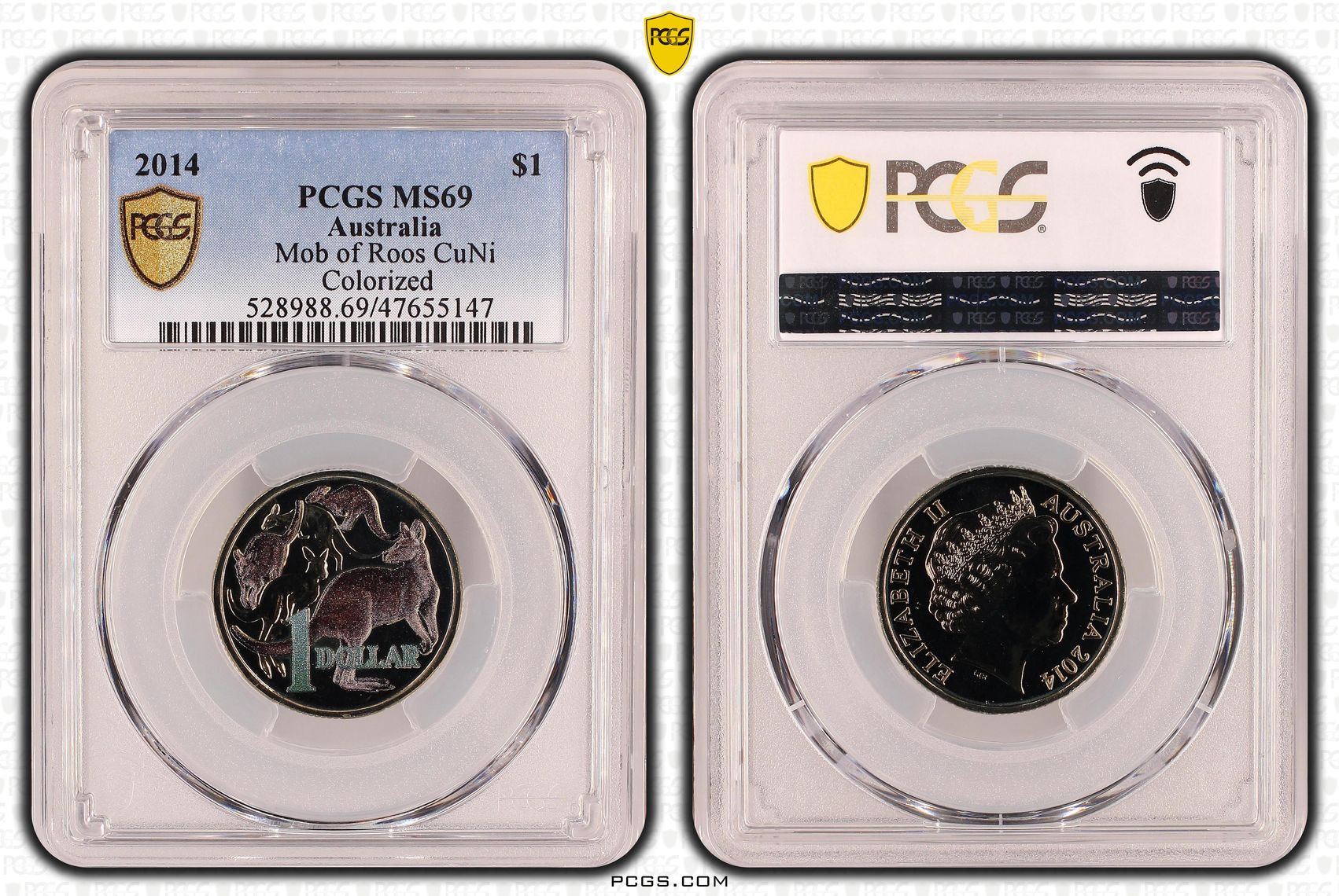 Elizabeth II, Mob of Roos CuNi Colorized, One Dollar, 2014, PCGS MS69