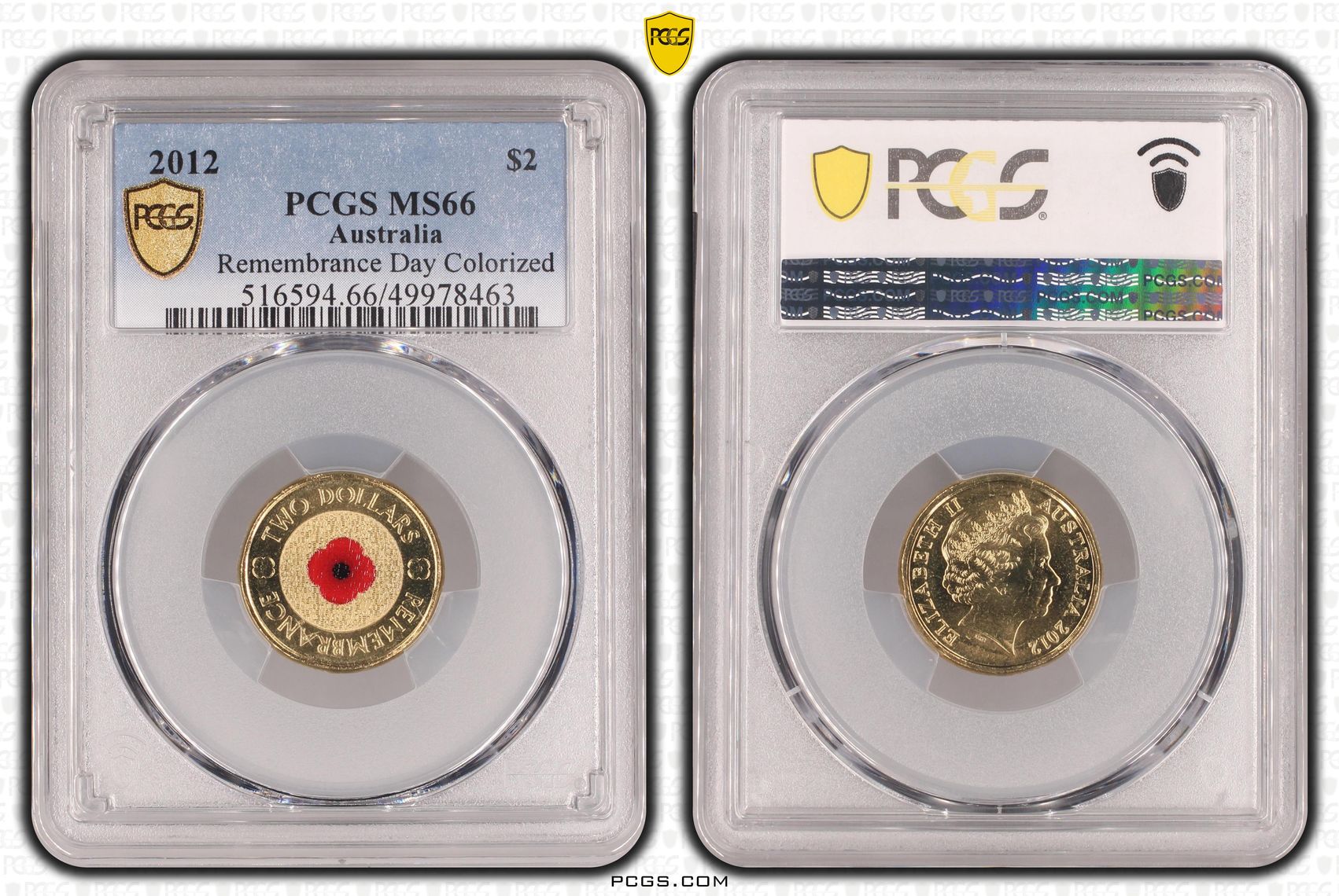369 · Remembrance Day Colourised Red Poppy, Two Dollar, 2012, PCGS MS66