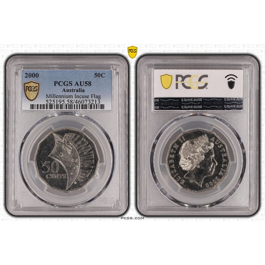 2000 Australia Fifty Cent, 50c Millennium Incuse Flag PCGS - AU58 -213