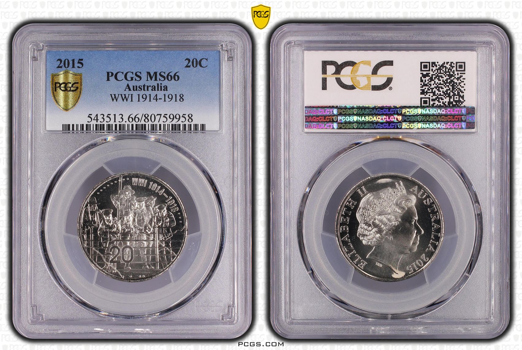 WWI 1914-1918 , Twenty Cent, 2015, PCGS MS66