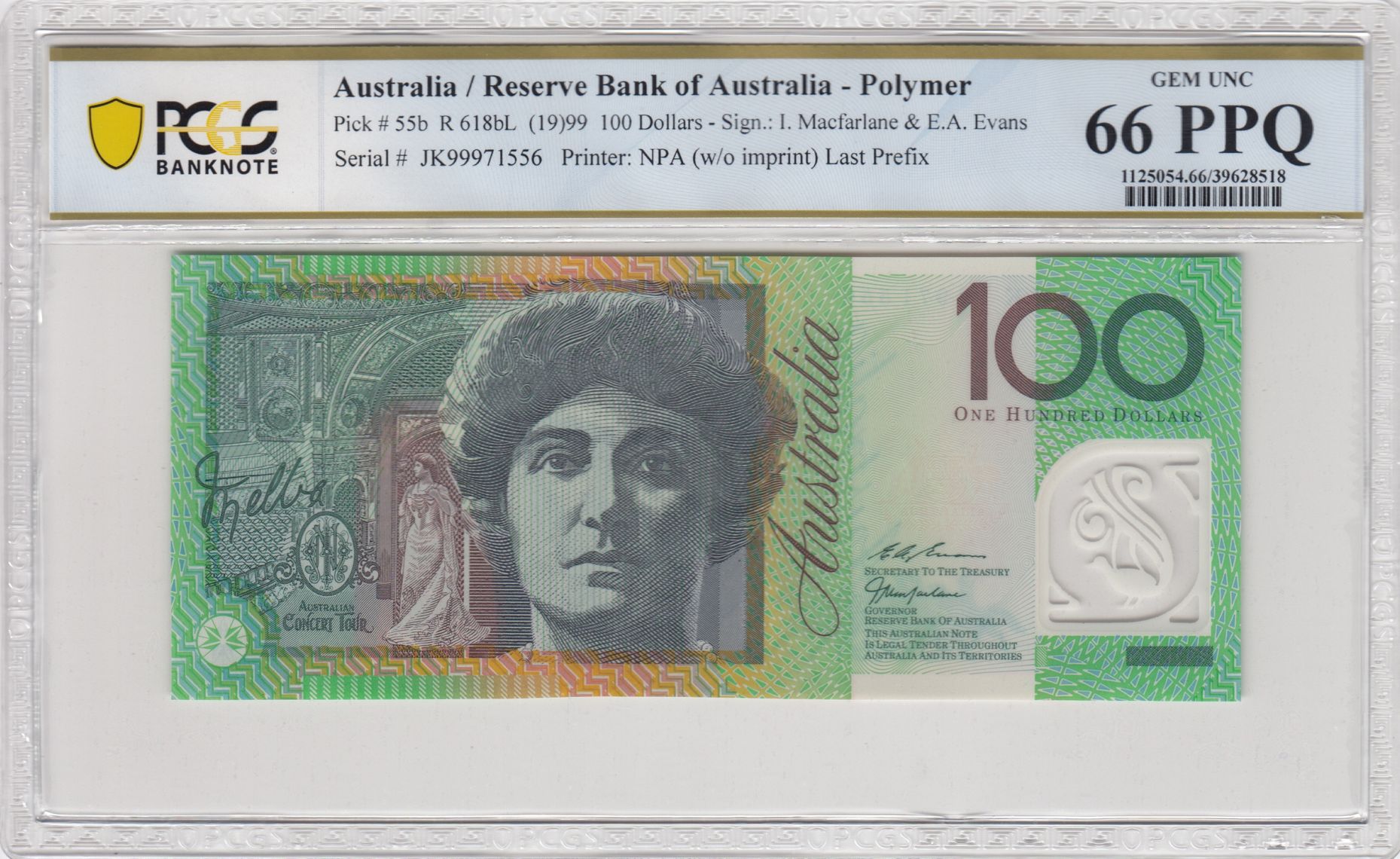 Macfarlane/ Evans, Last Prefix, Hundred Dollar, 1999, PCGS Gem UNC 66 PPQ