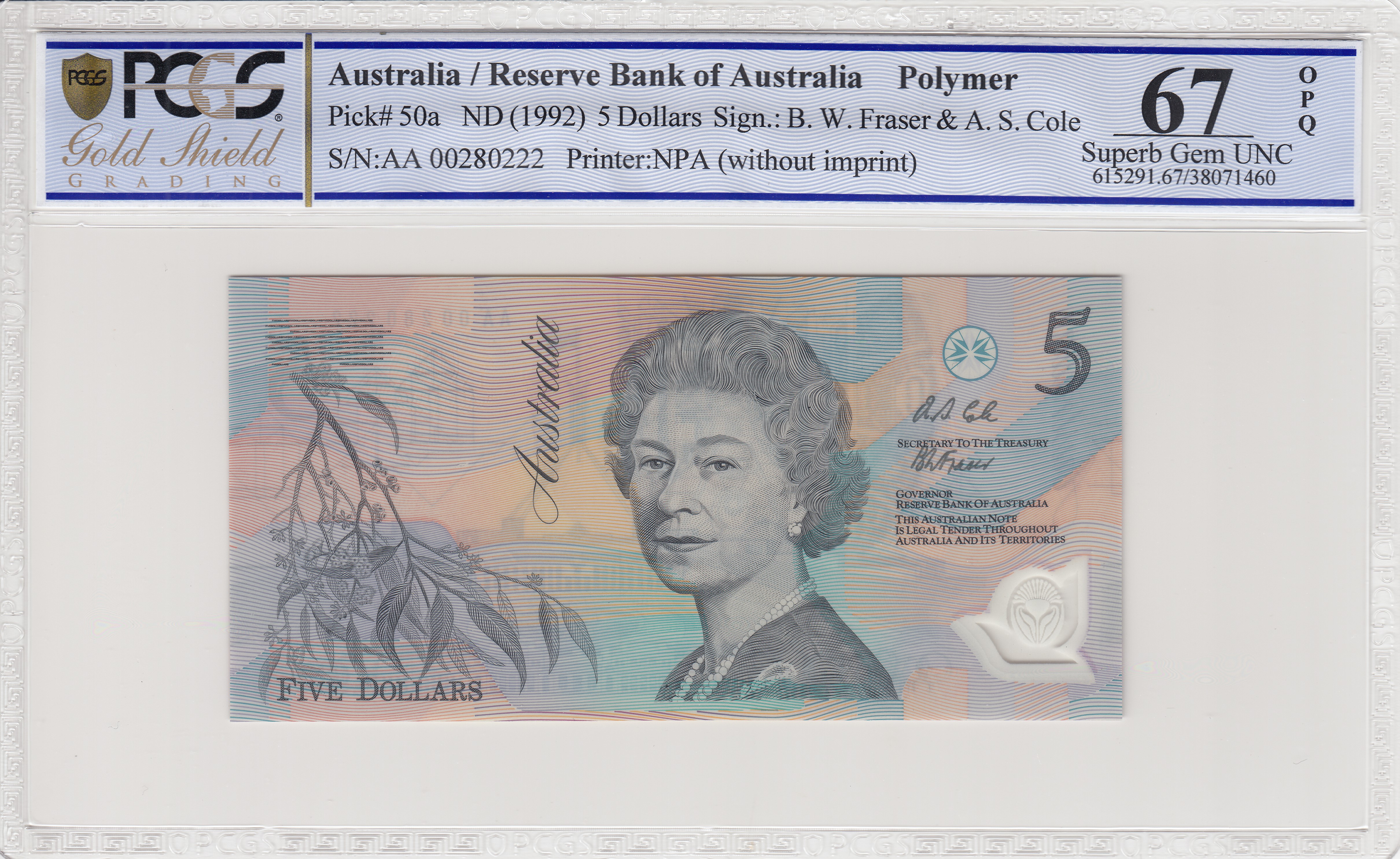 1992 $5 Fraser/Cole Superb Gem Unc 67 OPQ First Prefix