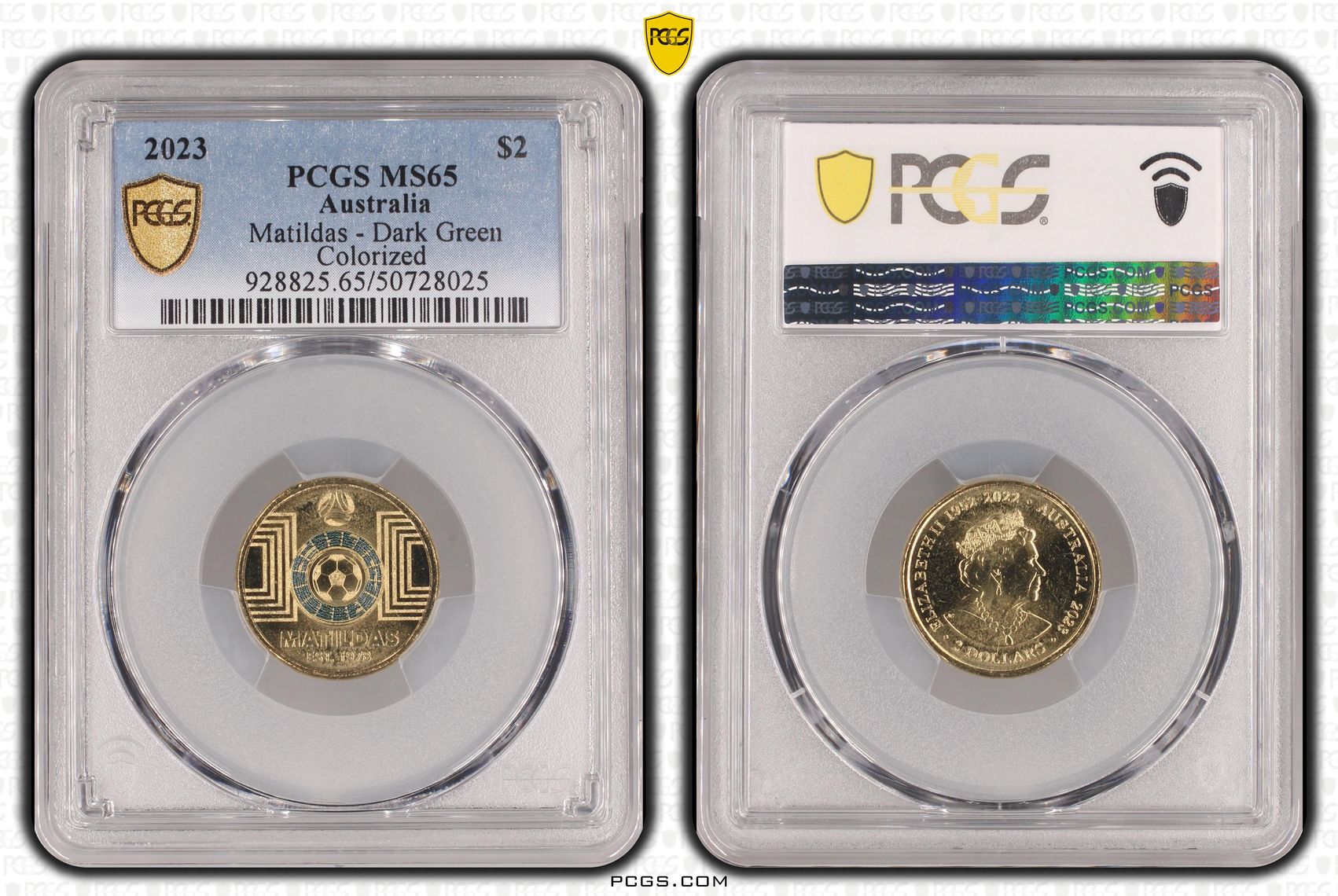 Matildas - Dark Green Colorized , Two Dollar, 2023, PCGS MS65