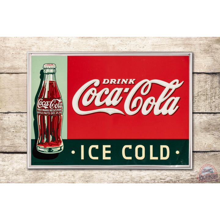 1937 Drink Coca Cola Ice Cold w/ Christmas Bottle Embossed Tin Sign