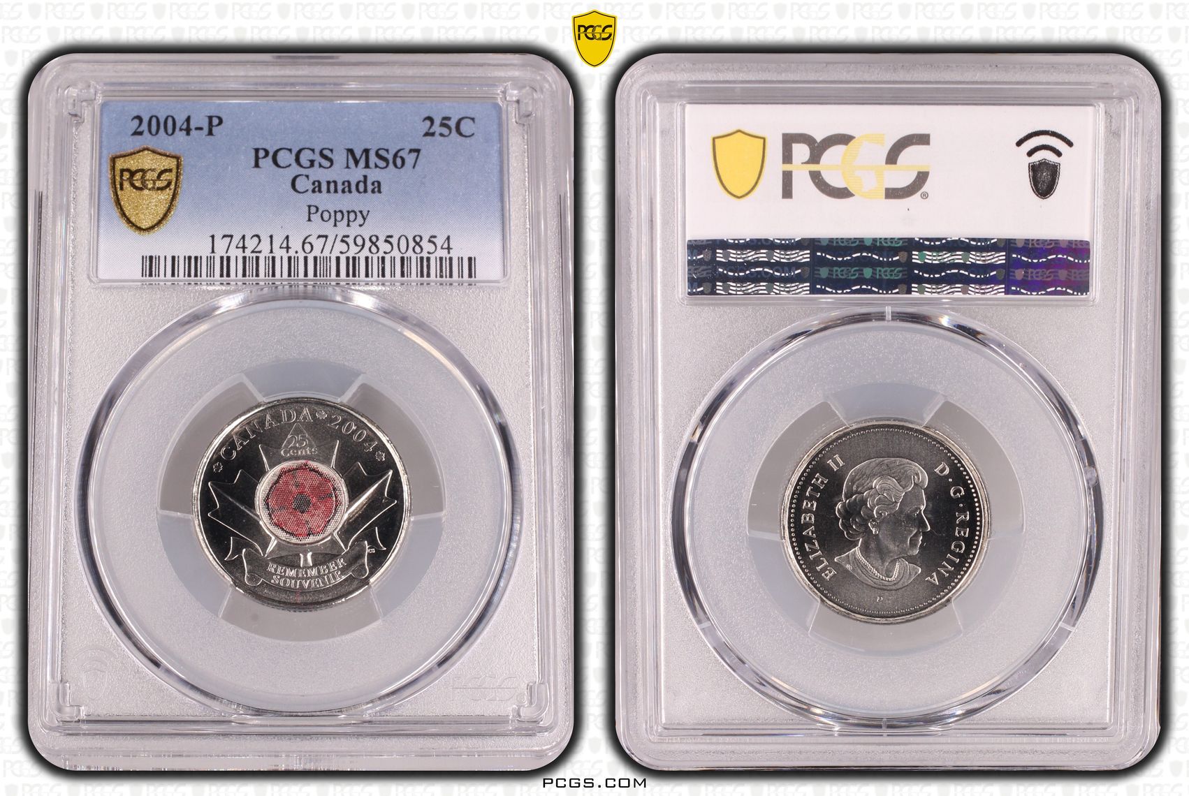 Canada, Elizabeth II, Poppy Colourised, Twenty Five Cent, 2004-P, PCGS MS67