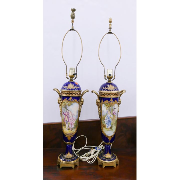 Pair Antique French Hand painted Porcelain Urn Table Lamps- 33x8'' each