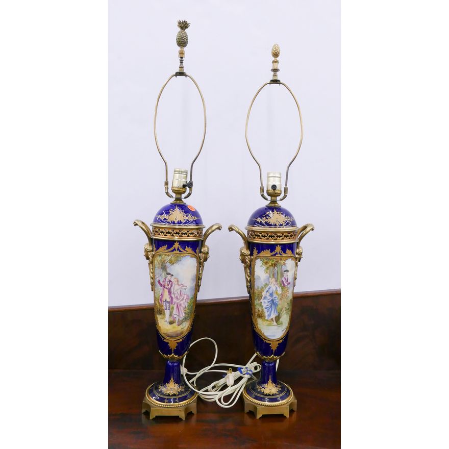 Pair Antique French Hand painted Porcelain Urn Table Lamps- 33x8'' each