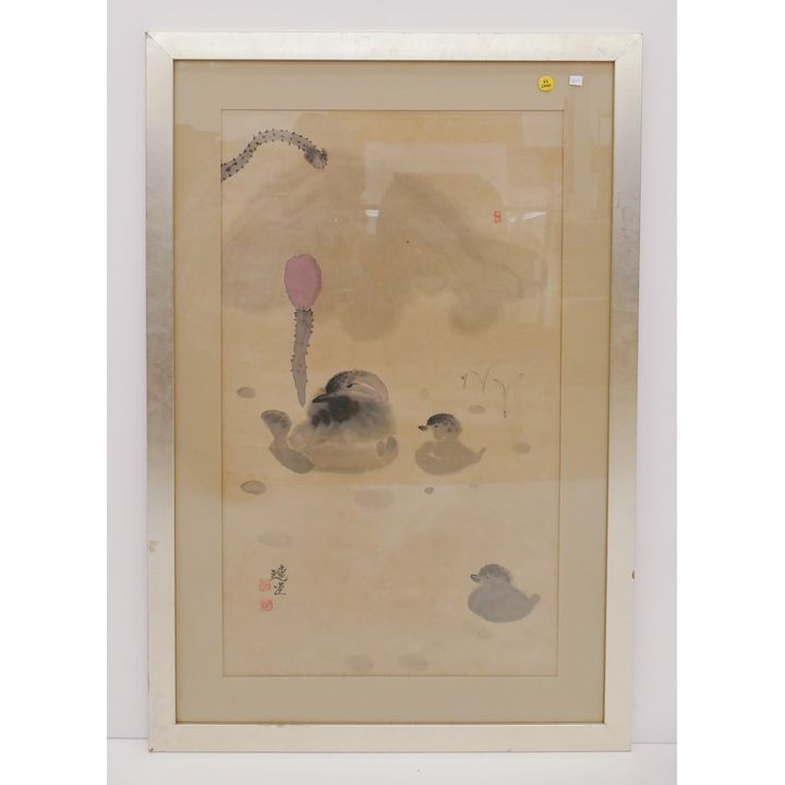 Japanese Ducklings Watercolor Painting Framed- 36x25''