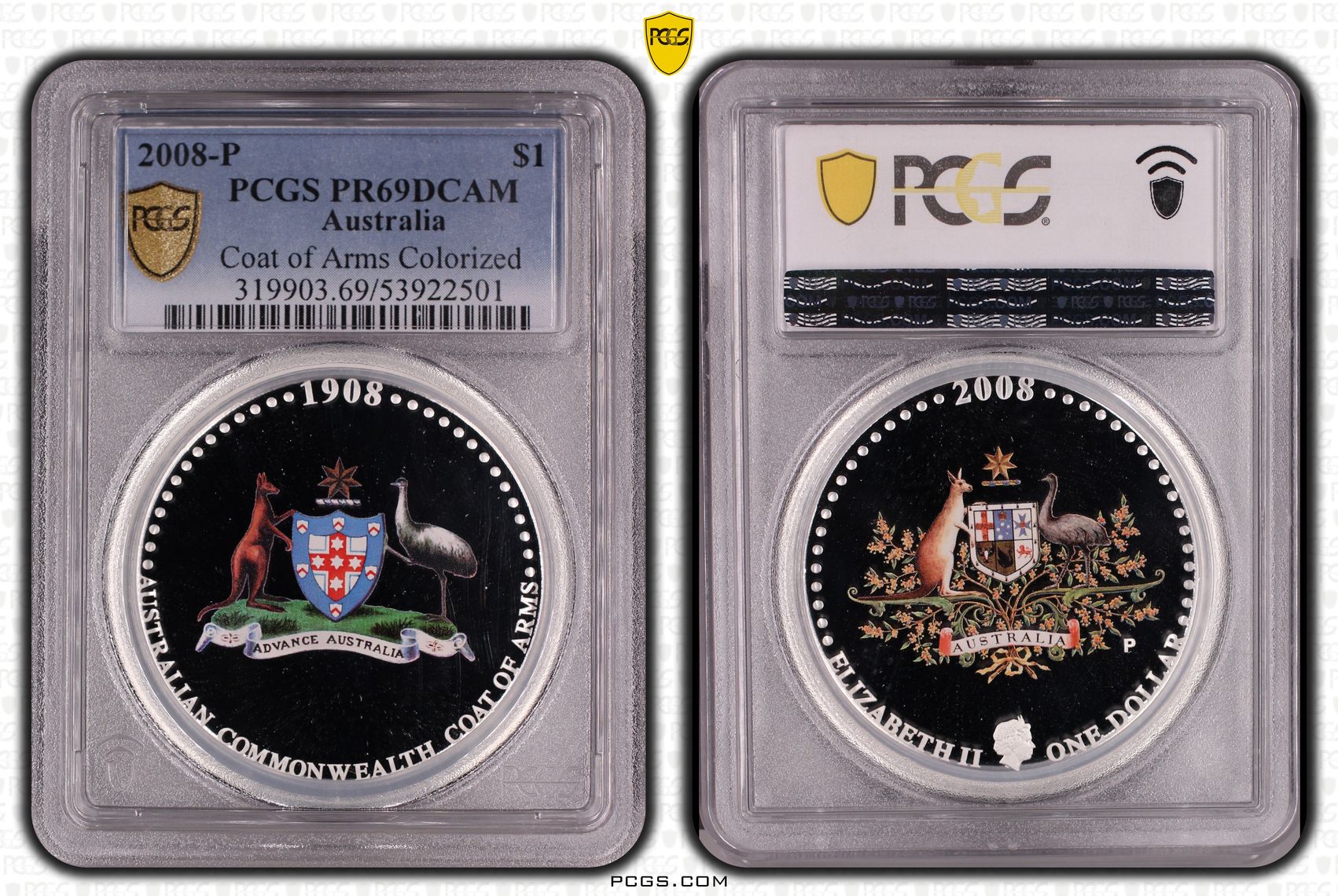 Coat of Arms Colourised, One Dollar, 2008-P, PCGS PR69DCAM