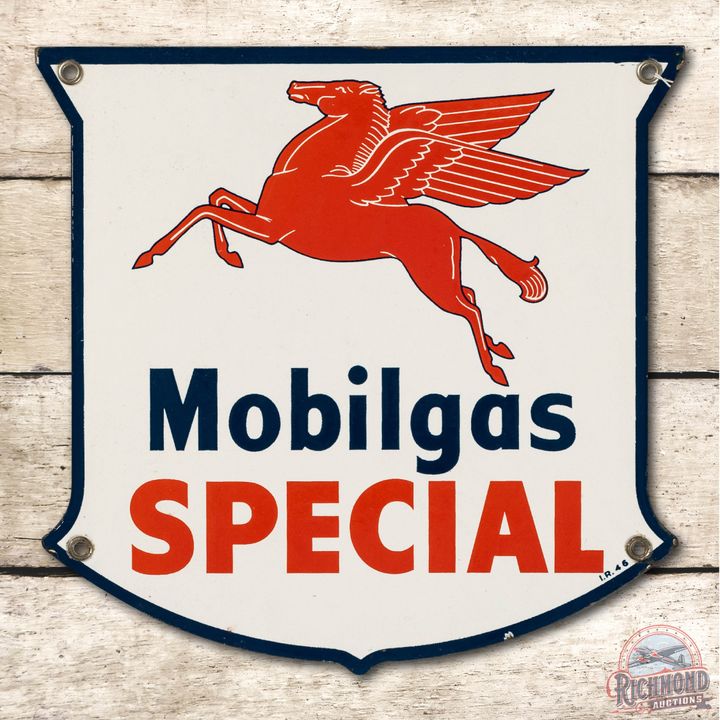 1946 12" Mobilgas Special Blue Border Porcelain Pump Plate Sign