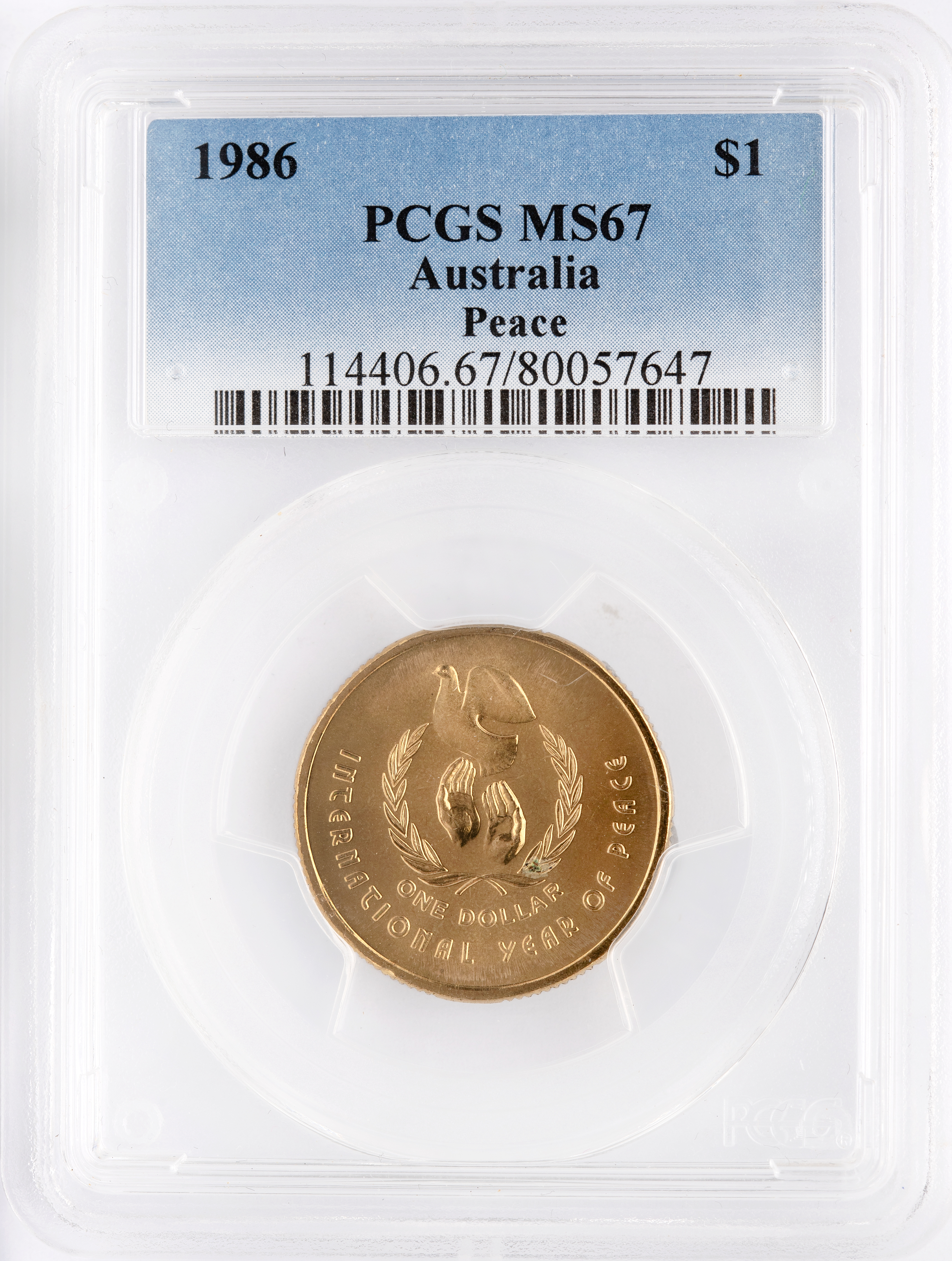 Peace, One Dollar, 1986, PCGS MS67