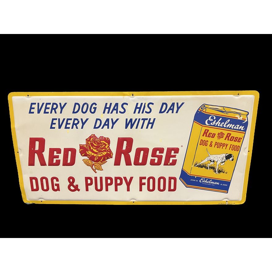 Large Red Rose Dog Puppy Food Eshelman & Sons Embossed Tin Metal Sign