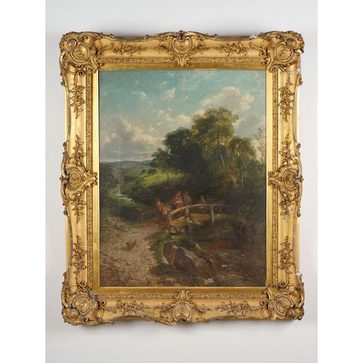 Artist Unknown 'Farm workers with donkey crossing a bridge in a rural landscape'