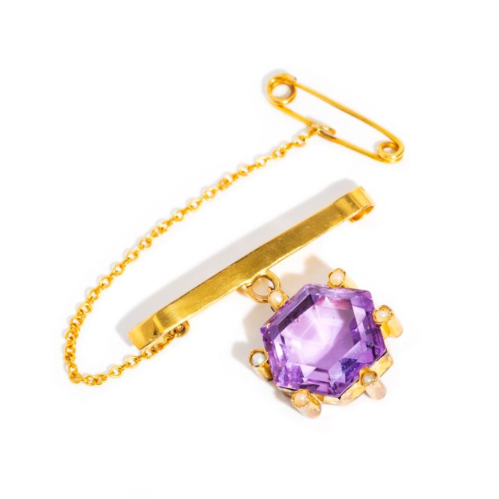 Vintage Ametyst & Pearl Brooch 9ct Gold,