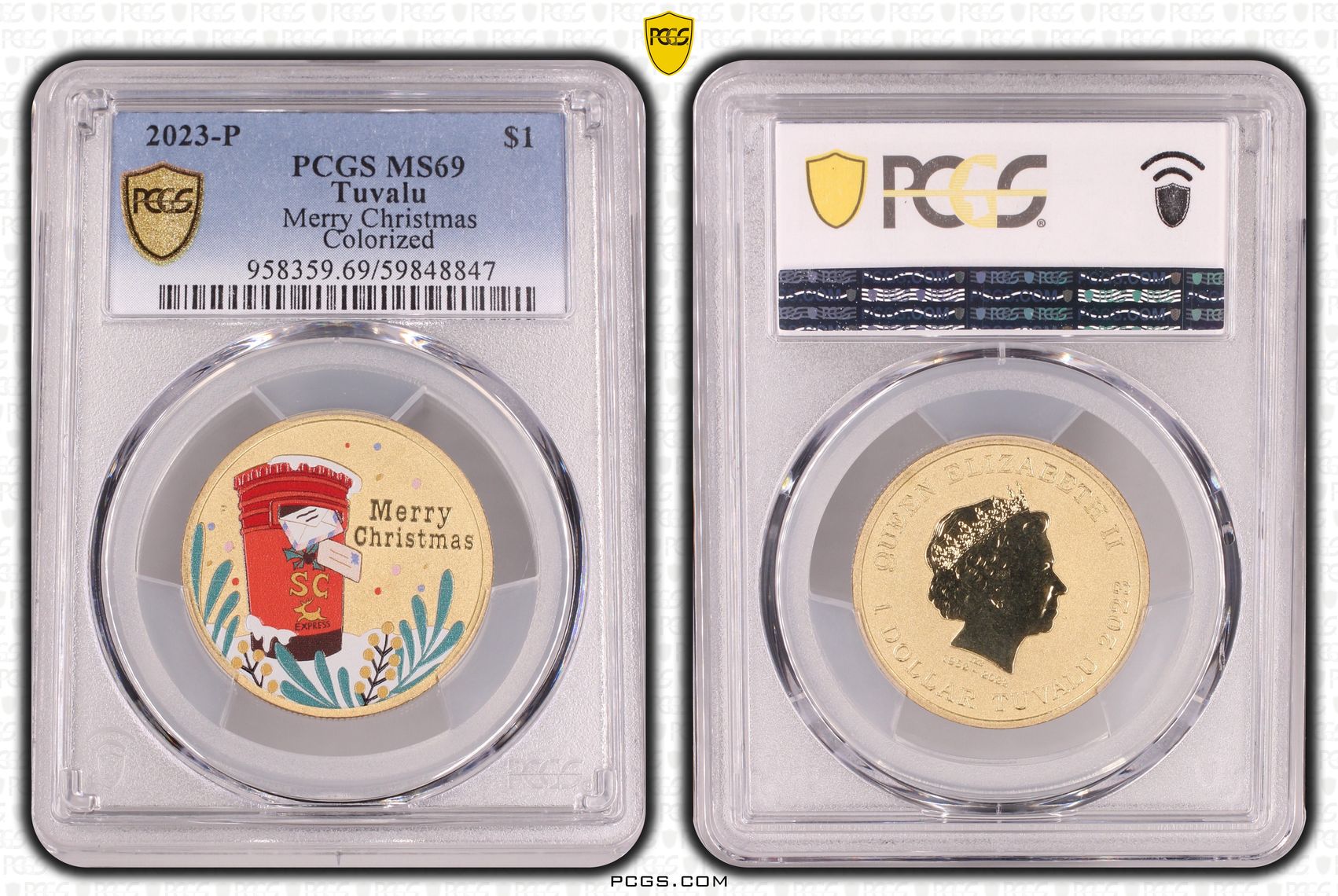 Tuvalu, Elizabeth II, Merry Christmas Colourised, 4/0, One Dollar, 2023-P, PCGS MS69