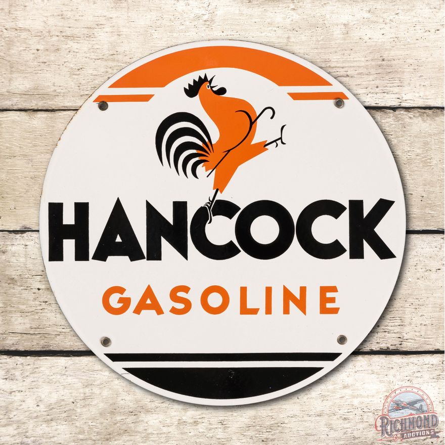NOS 12" Hancock Gasoline Porcelain Pump Plate Sign