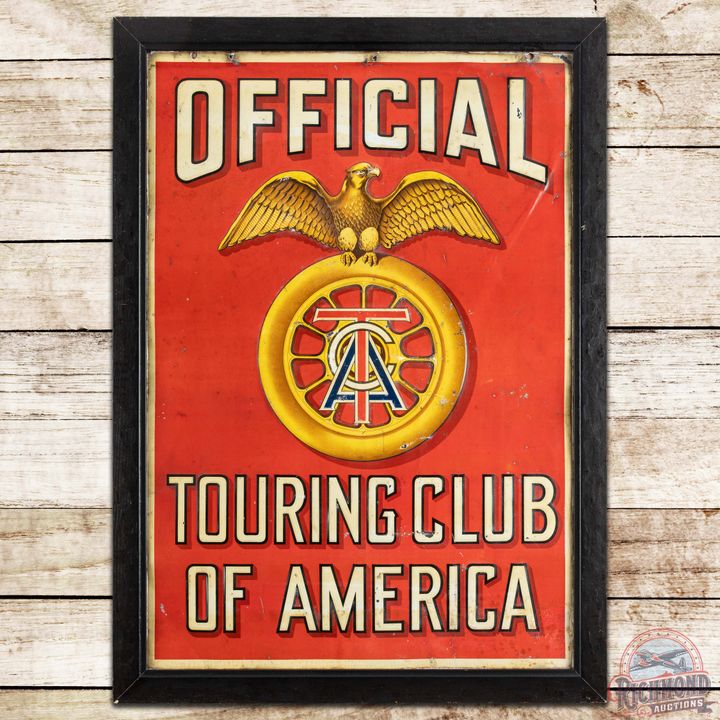 Early Official Touring Club of American Embossed SS Tin Sign w/ Eagle & Tire Logo
