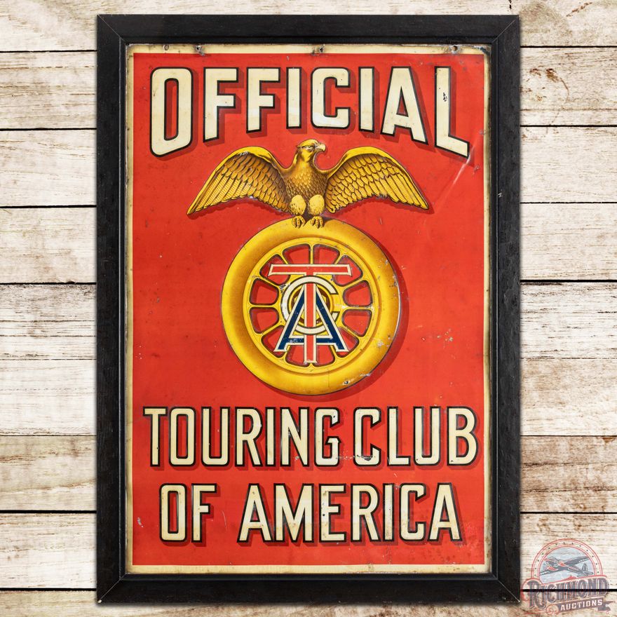 Early Official Touring Club of American Embossed SS Tin Sign w/ Eagle & Tire Logo