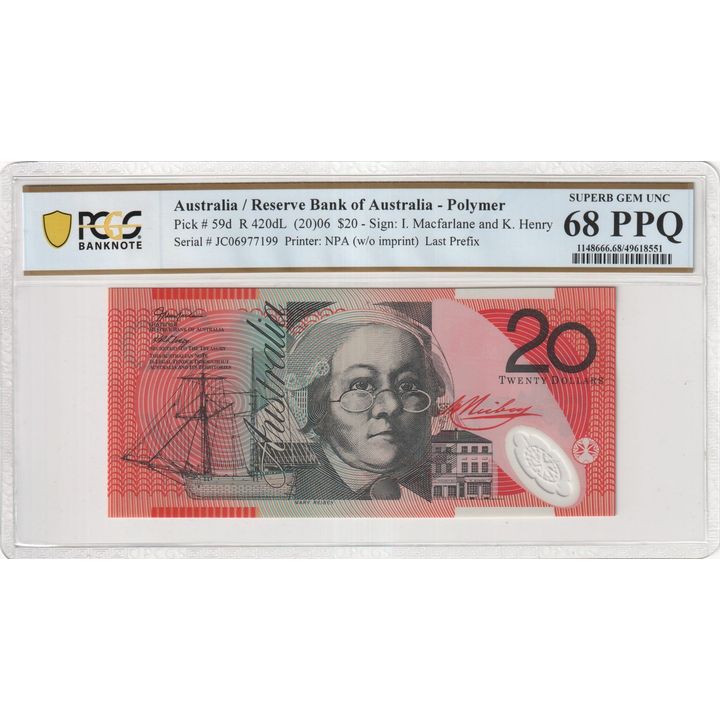 Macfarlane/Henry, Last Prefix, Twenty Dollar, 2006, PCGS Superb Gem UNC 68 PPQ