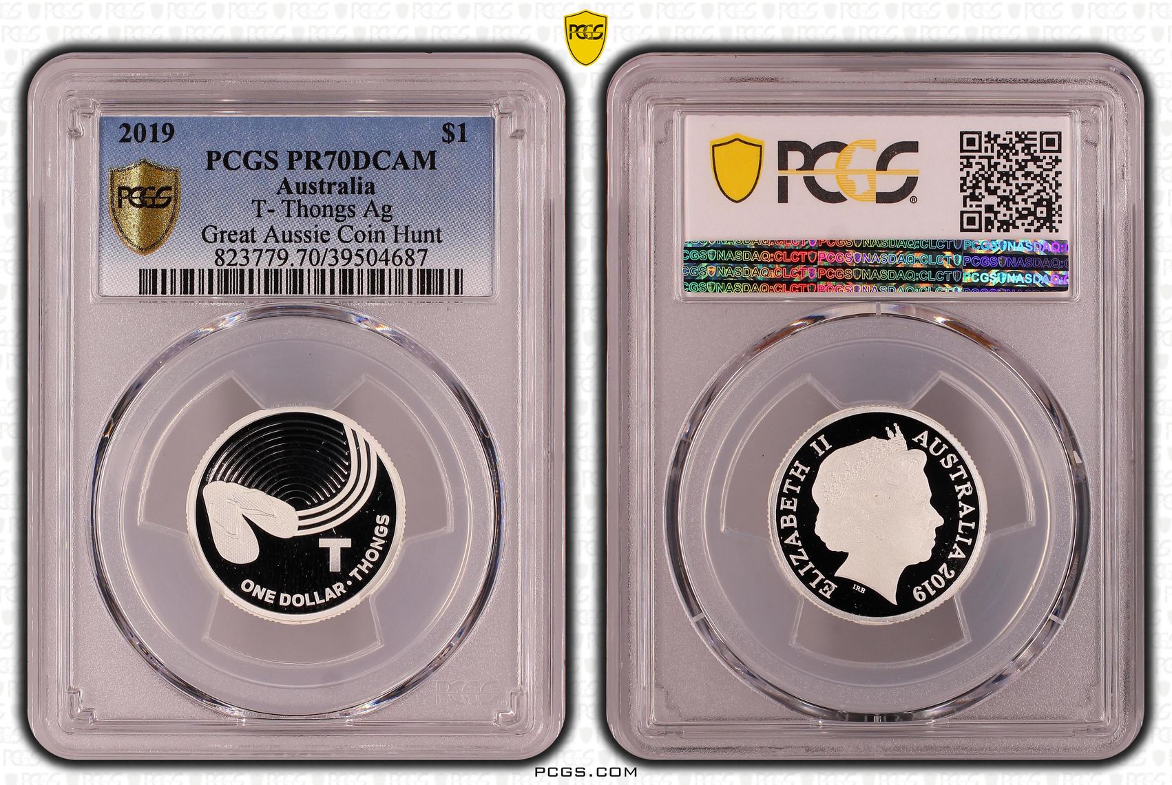 T- Thongs Ag Great Aussie Coin Hunt, POP 1/0, One Dollar, 2019, PCGS PR70DCAM