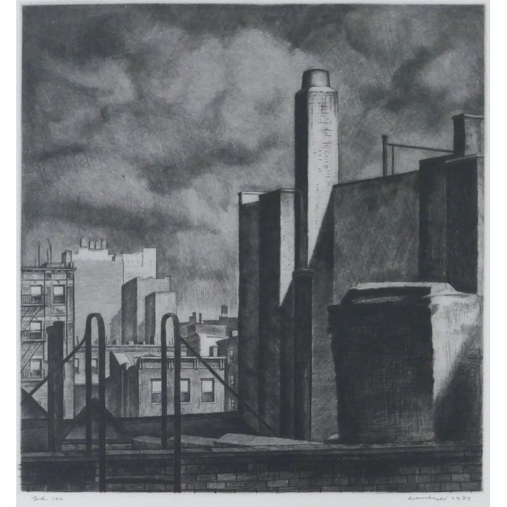 Armin Landeck ''Approaching Storm, Manhattan'' 1937 Etching