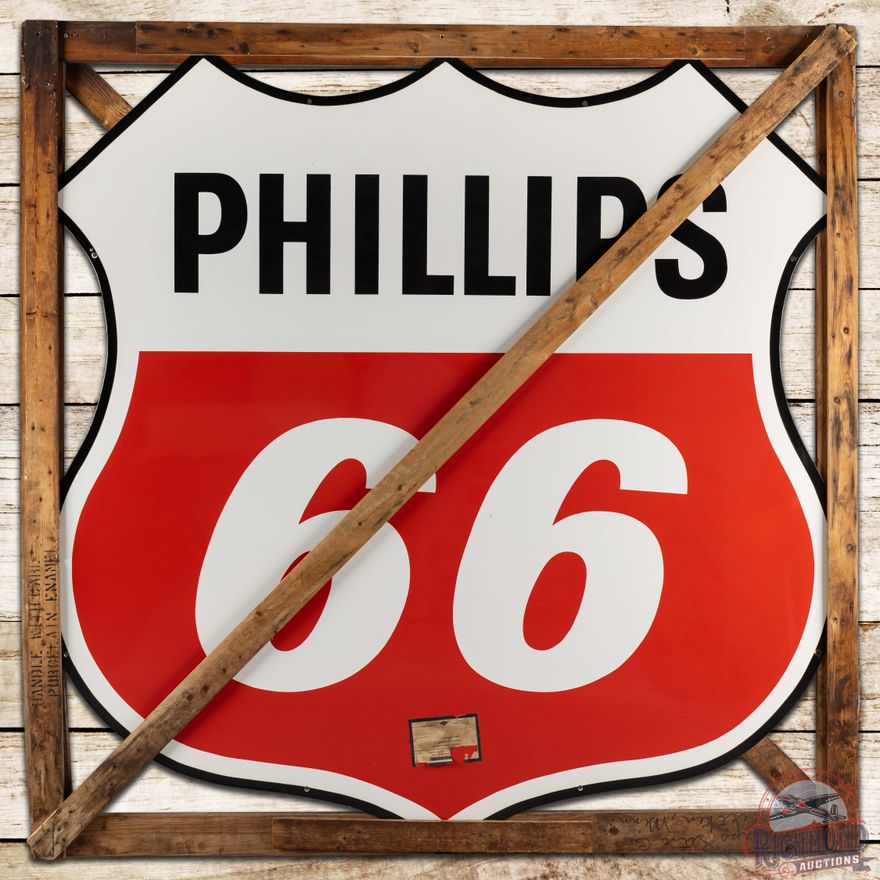 Exceptional NOS 6' Phillips 66 Gasoline DS Porcelain Sign w/ Factory Crate