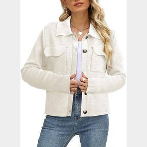 BZB WOMEN LONG SLEEVE SWEATER CARDIGAN COLLARED BUTTON UP OPEN FRONT CROPPED KNIT JACKETS WITH POCKETS, L