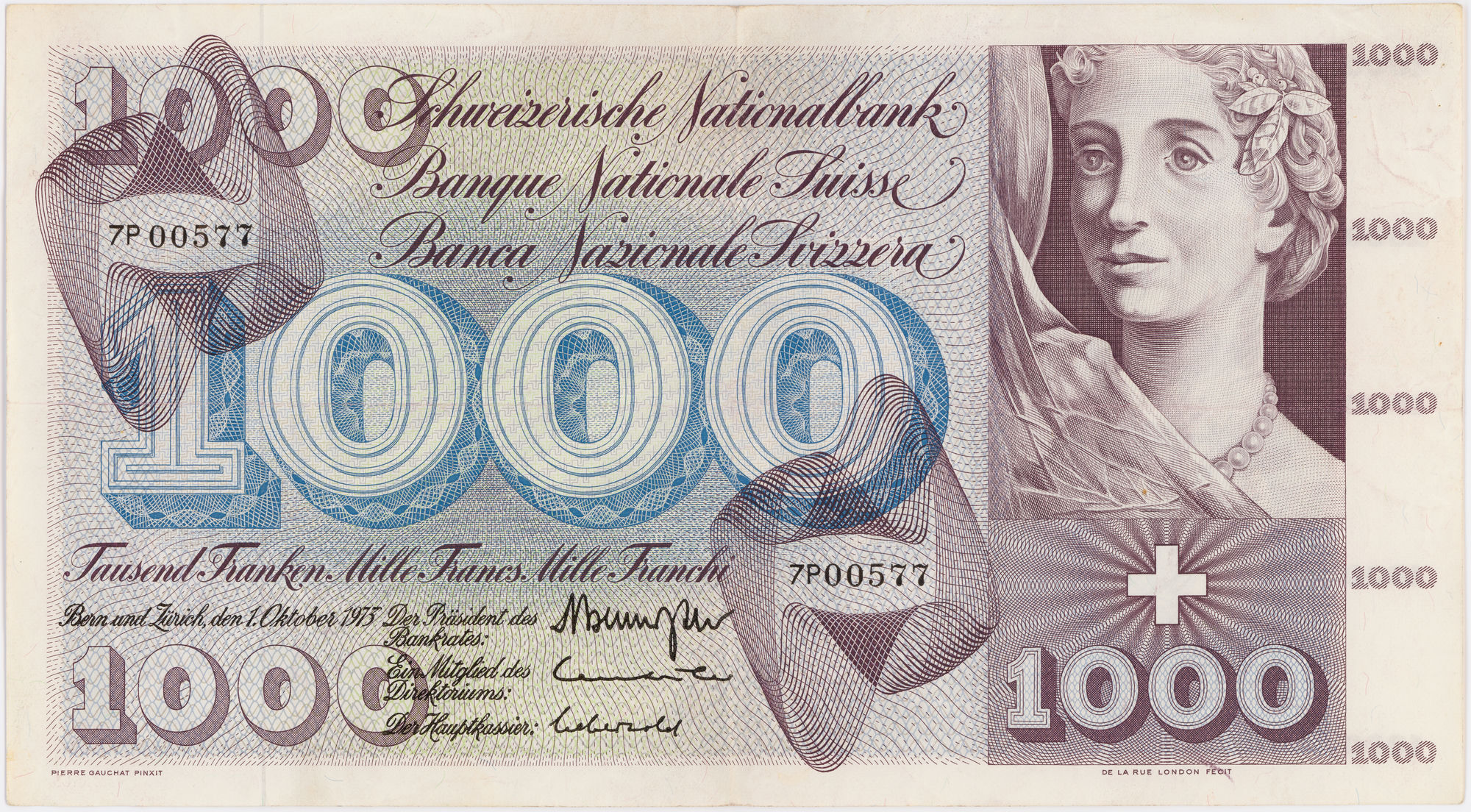 Switzerland, Swiss Nationalbank (resumed), One Thousand Franken, 1973, aVF