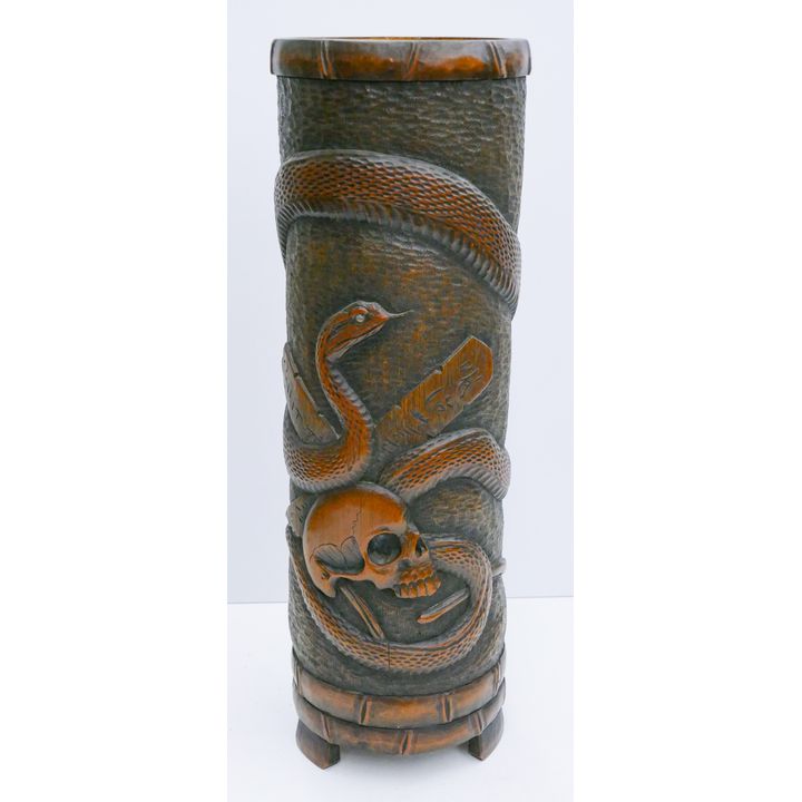 Japanese Meiji Skull and Snake Bamboo Brush Pot