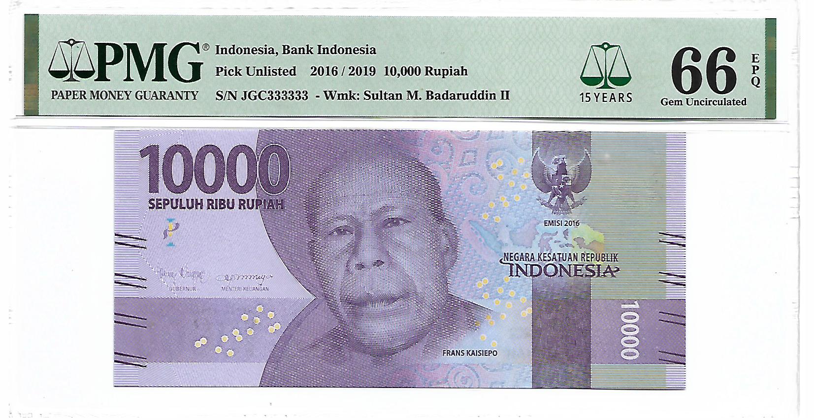 Indonesia, 2016-19, 10,000 Rupiah, JGC 333333, PMG 66EPQ. | Unique 