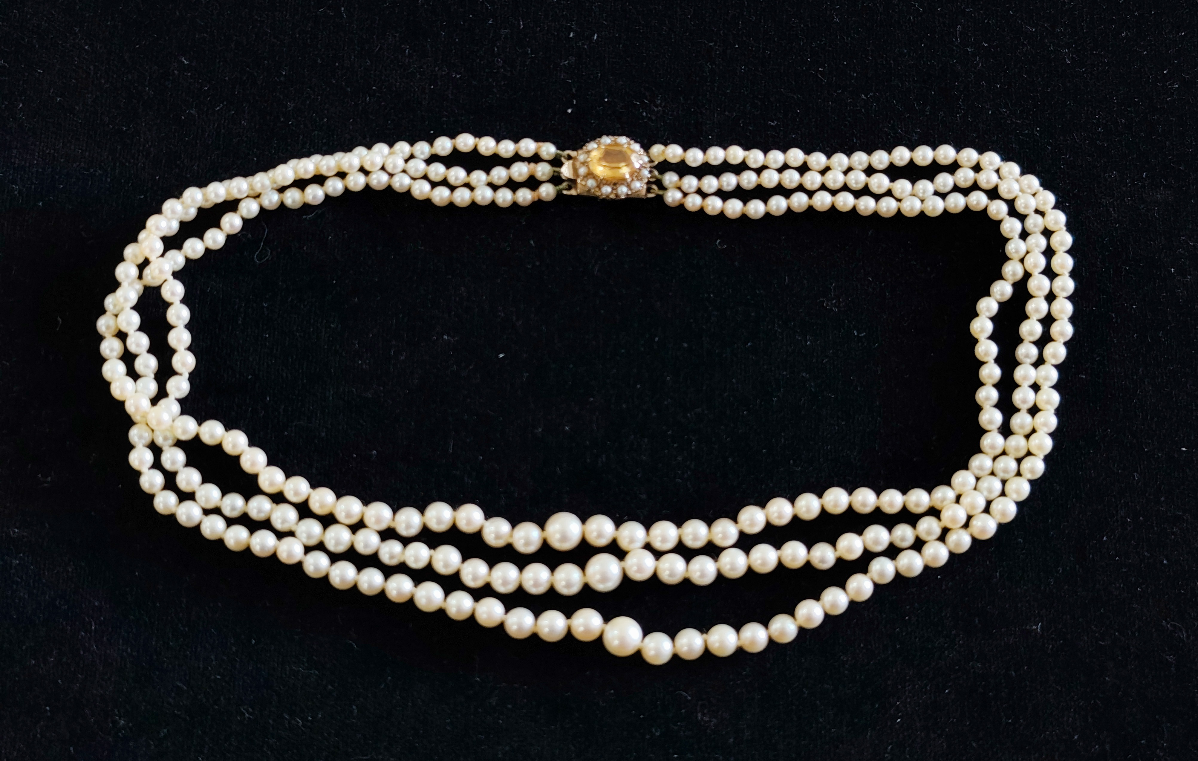 Triple Row Pearl Necklace 9CT Gold Clasp w Citrine — NZ auction result