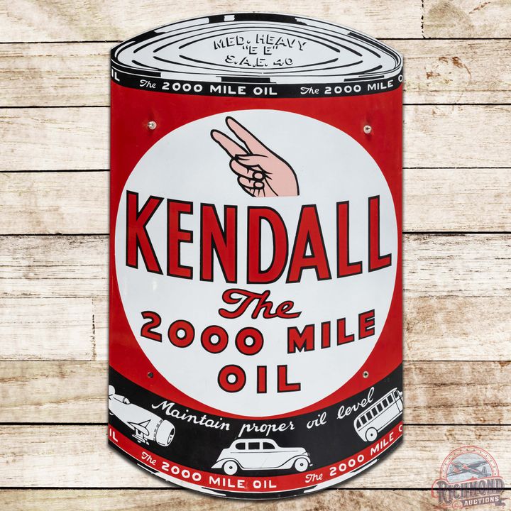 Amazing Kendall The 2000 Mile Oil Curved Oil Can Shaped SS Porcelain Sign w/ Plane Car Bus