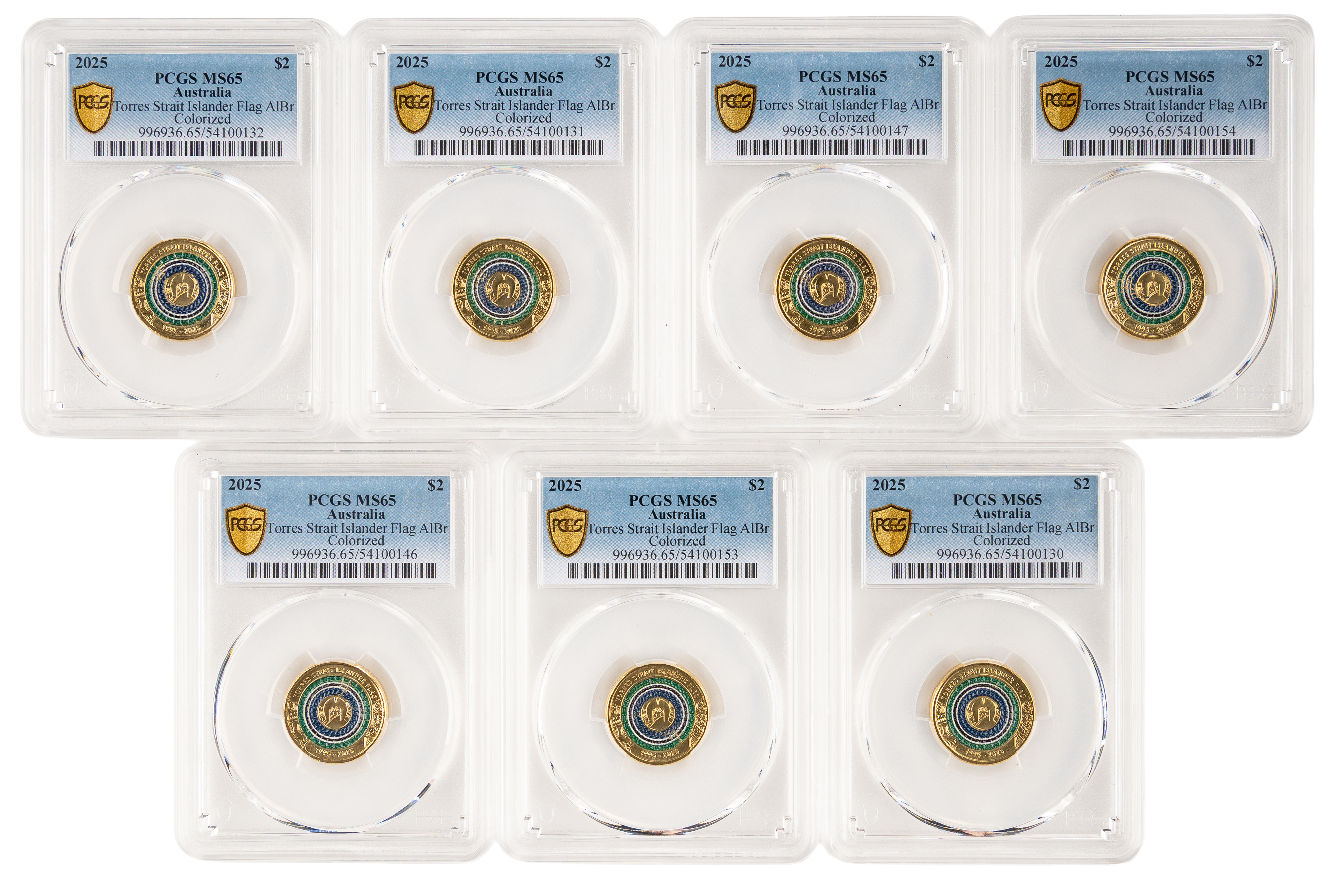 7x Torres Strait Islander Flag Colourised AlBr, Two Dollar, 2025, PCGS MS65