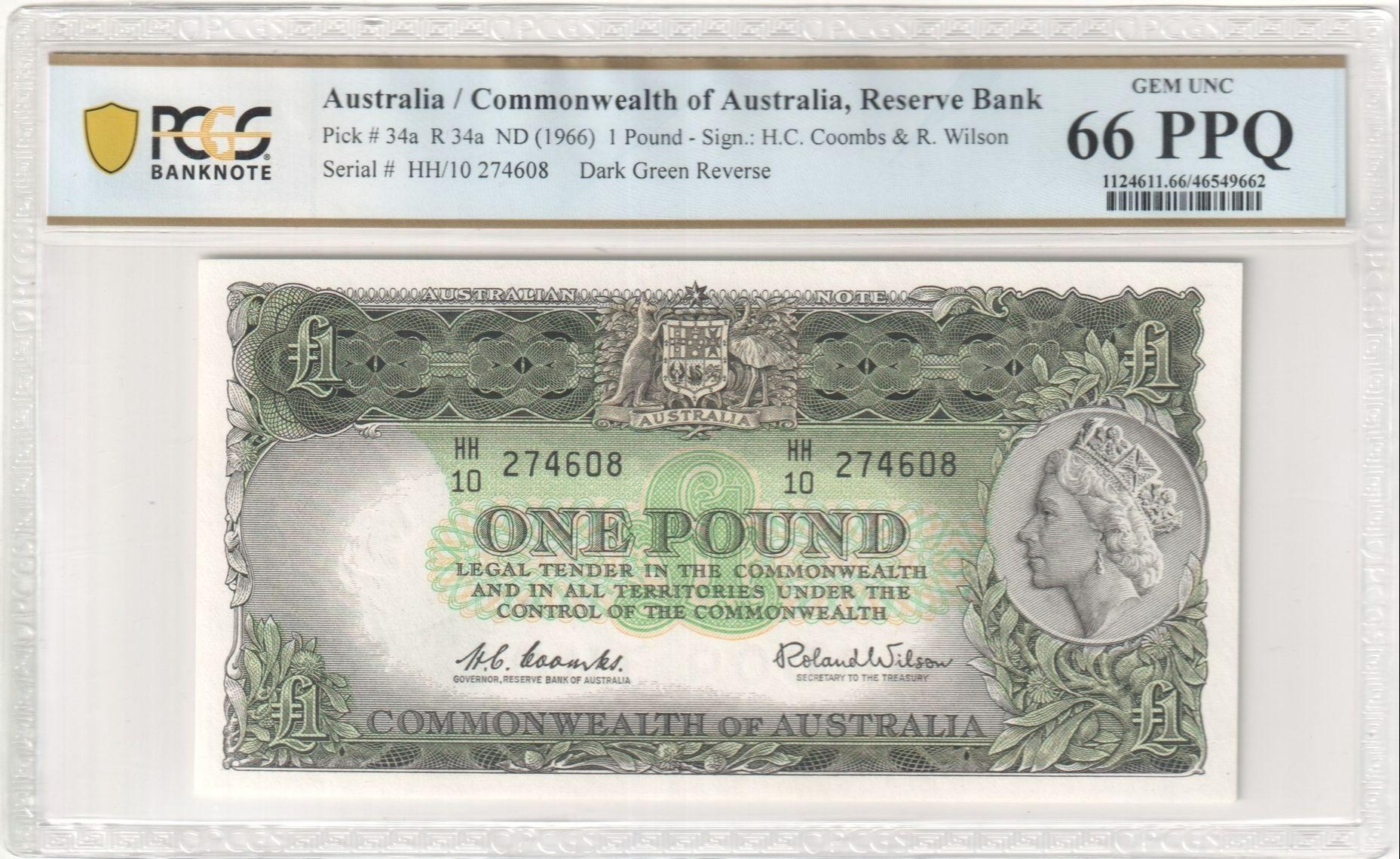 89 · Commonwealth of Australia, Reserve Bank, Sign.: H.C. Coombs & R. Wilson, Dark Green Reverse, 1 Pound, ND (1966), PCGS - Gem UNC 66 PPQ