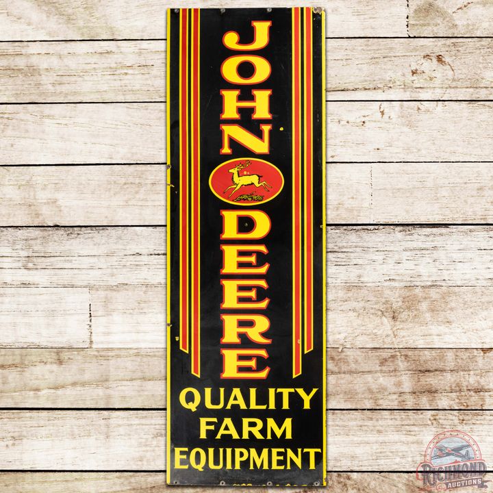 John Deere Quality Farm Equipment Vertical DS Porcelain Sign w/ 4 Legged Deer