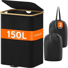 Lifewit 150L Laundry Basket with Lid, Clothes Hampers with Bamboo Handles, 2 Removable Laundry Bags, Large BLACK