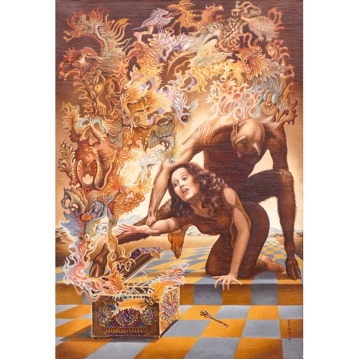 Ilene Meyer (1939-2009 Washington) 'Pandora's Box' Surrealist Oil on Canvas Framed- 35x25''