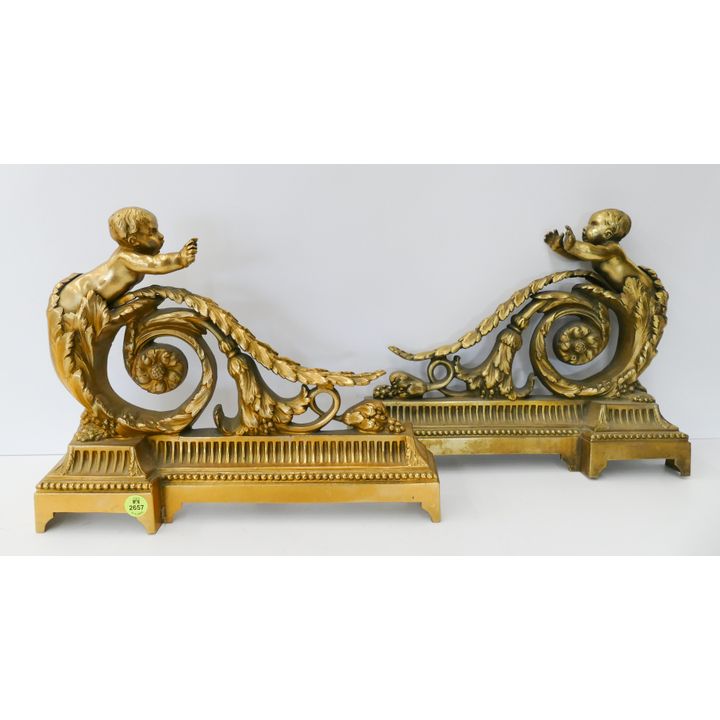 Pair French Gilt Bronze Fire Fender Pieces with Putti. 13'' each- one needs repair