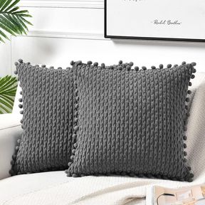 FANCY HOMI SET OF 2 DARK GRAY DECORATIVE THROW PILLOW COVERS 18X18 INCH WITH POM-POMS FOR COUCH BEDROOM LIVING ROOM, MODERN FARMHO