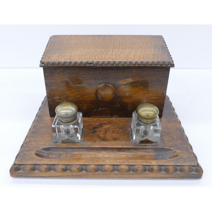 Antique English Oak Letterbox Inkwell Set- 6x11''