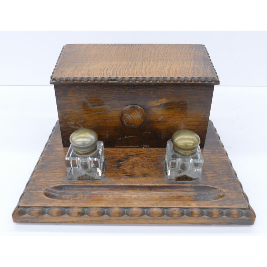 Antique English Oak Letterbox Inkwell Set- 6x11''
