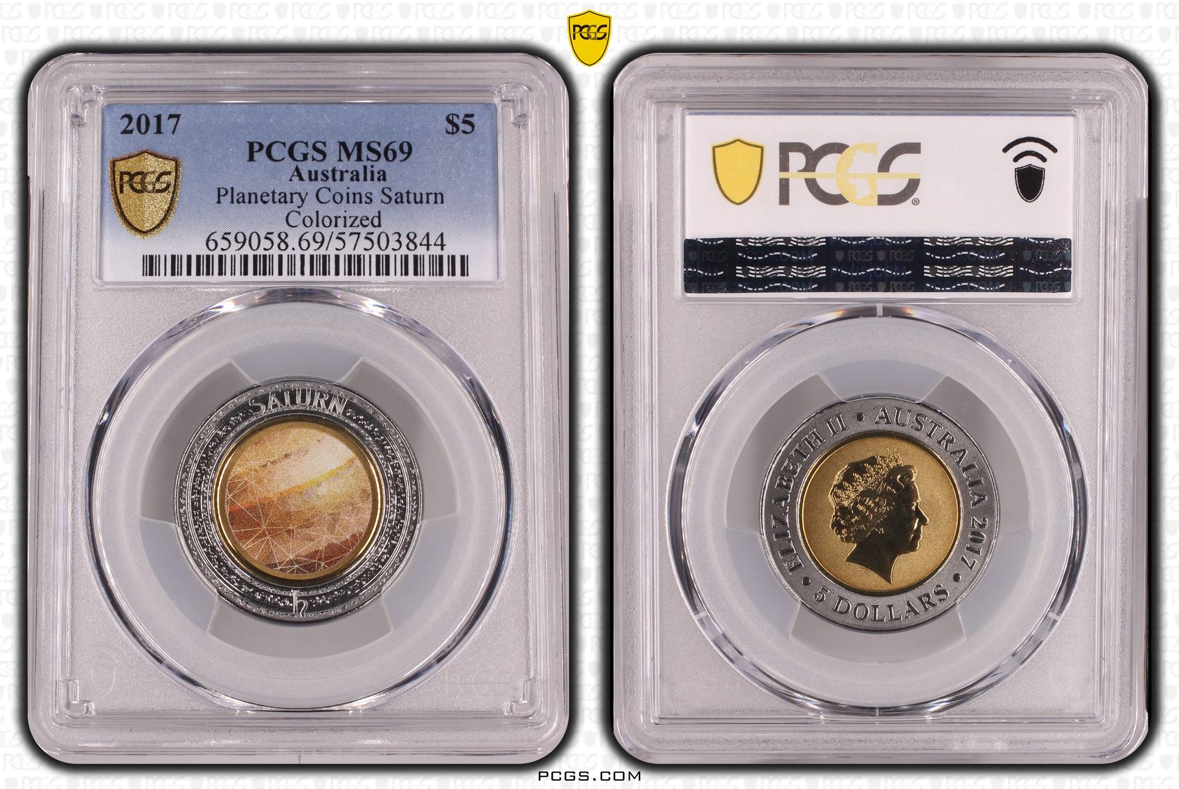 Planetary Coins Saturn Colourised, Five Dollar, 2017, PCGS MS69