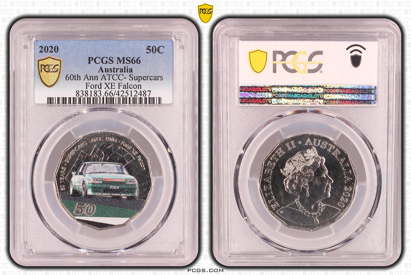 60th Ann ATCC- Supercars Ford XE Falcon Colorized, Fifty Cent, 2020, PCGS MS66