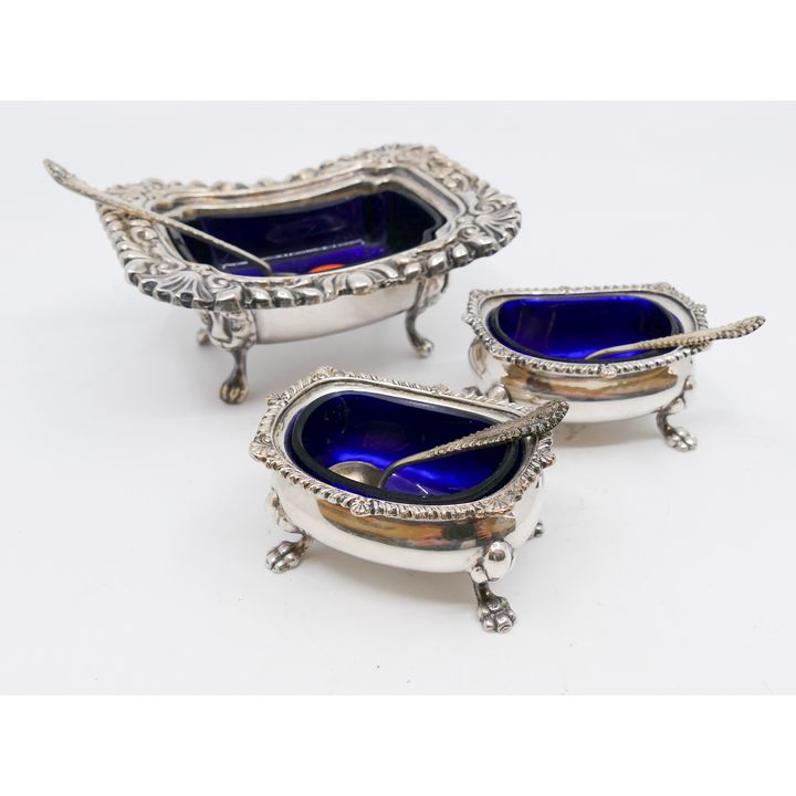 3pc Sheffield Plated Cobalt Lined Salts- 2'' to 4''