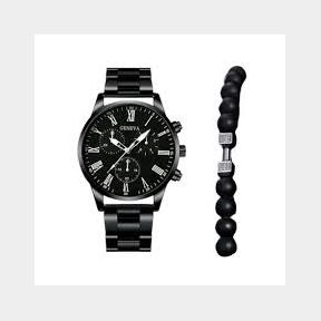 Men s Black Steel Band Quartz Watch Fashion Chain Bracelet Set- 51743/2840 AS B1 (S3)