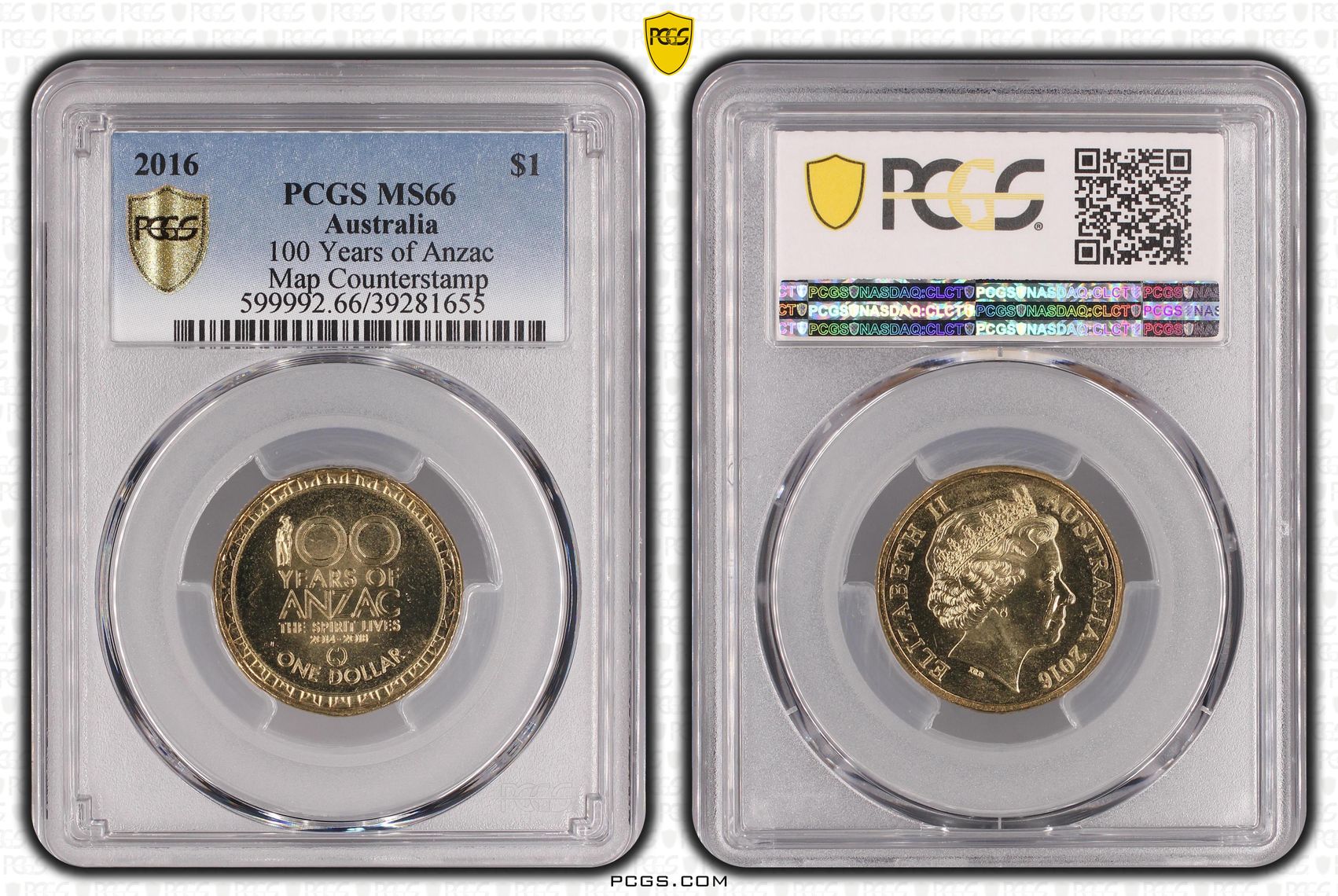 100 Years of Anzac, Map Counterstamp , One Dollar, 2016, PCGS MS66