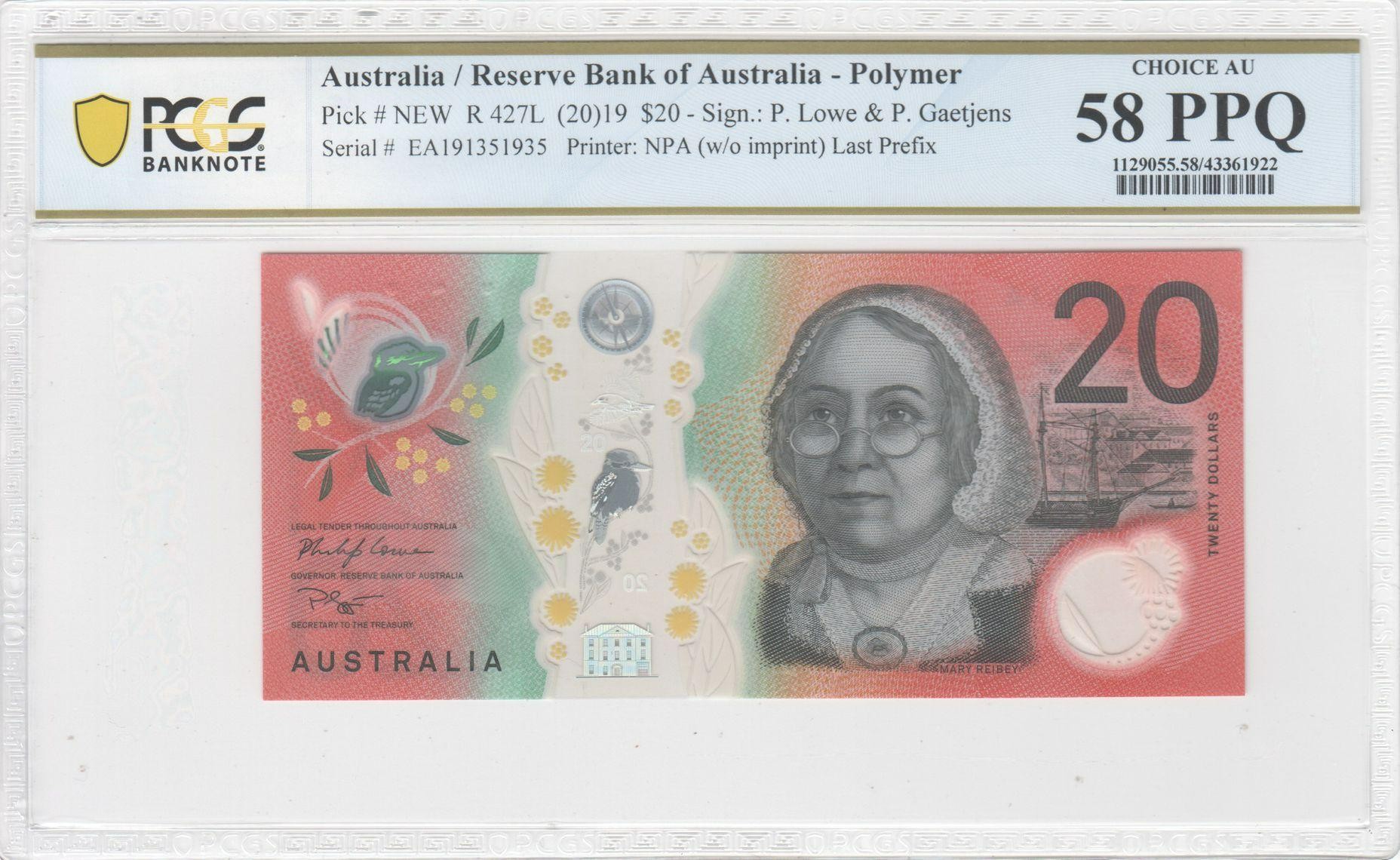 116 · R. 427L, RBA, Polymer, NPA (w/o imprint), Sign.: P. Lowe & P. Gaetjens, Last Prefix, Twenty Dollar, 2019, PCGS - Choice AU 58 PPQ